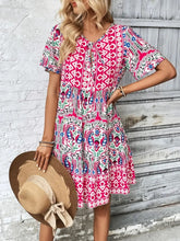 Printed Tie Neck Short Sleeve Dress OutfitFlow